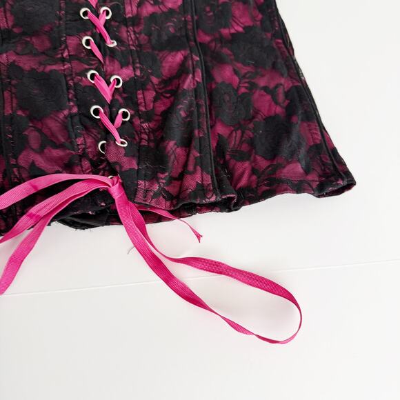 [Tripp NYC] Black Pink Y2K Floral Print Lace Hook & Eye Corset Top Size Large L - Picture 5 of 12